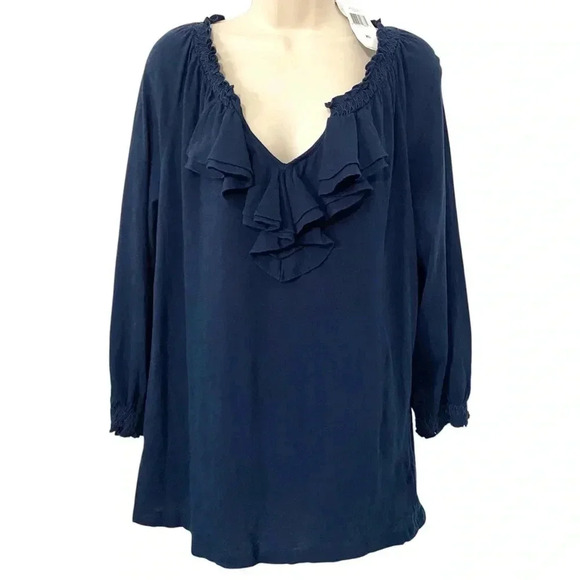 Lauren Ralph Lauren Ruffle Blouse New Navy Blue V Neck Romantic - Picture 1 of 8